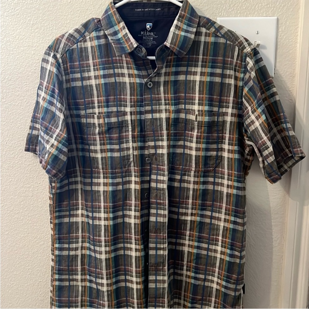 Kuhl Skorpio Men's Short Sleeve Linen Blend Plaid Button Down Shirt Medi…
